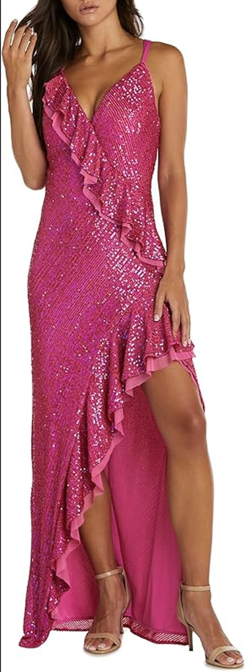 Morgan & Co Pink Sequin Hi Low Ruffle Dress Formal Party Gown Size 7 NWT